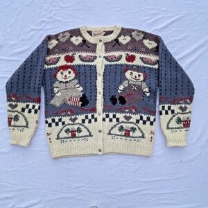 Vintage Woolrich Raggedy Ann and Andy Cardigan Cottage Handknit Sweater Medium